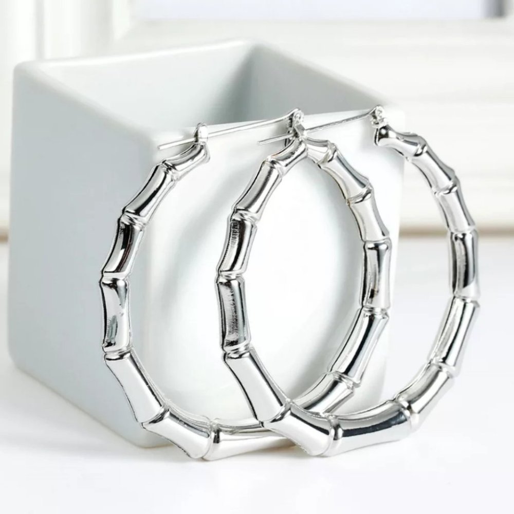 European and American Hyperbole Silver Co Hoop Round Bamboo pattern Earrings